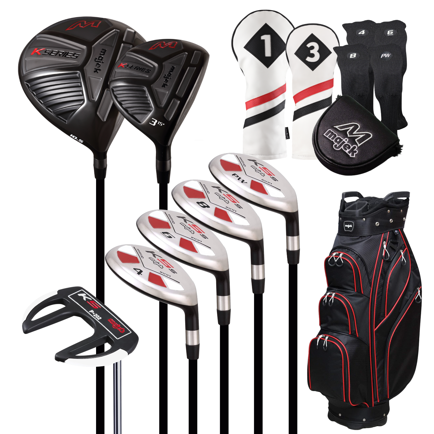 Majek Regular Men's Golf Package: 10.5 Driver + #3 Wood + 4,6,8,PW Hybrid Set + P-202 Putter with Headcovers and Golf Bag