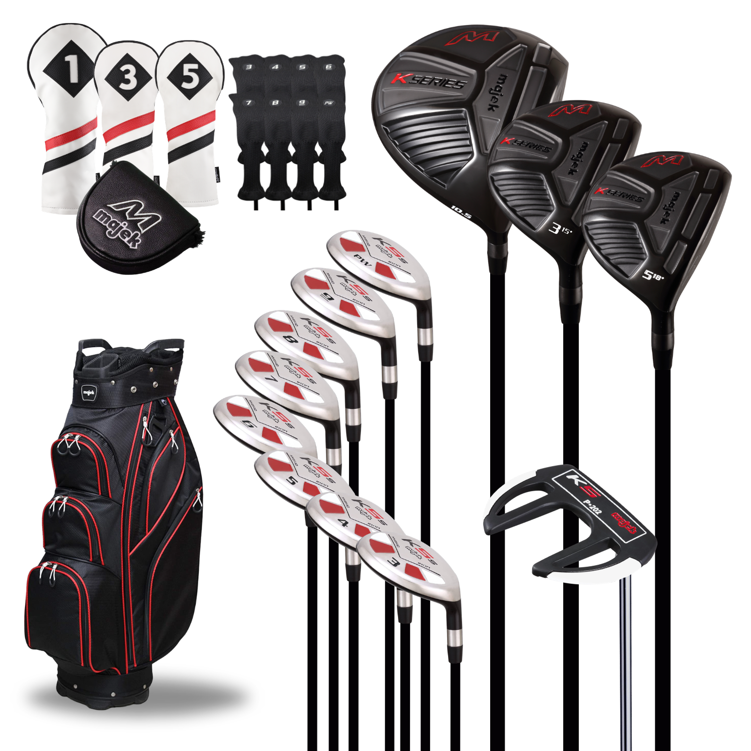 Majek Golf Mens Senior Flex Golfers Package: 10.5 Degree Driver + 3/5 Fairway Wood + 3-PW Hybrid Set + P-202 Putter with Headcovers and Cart Bag