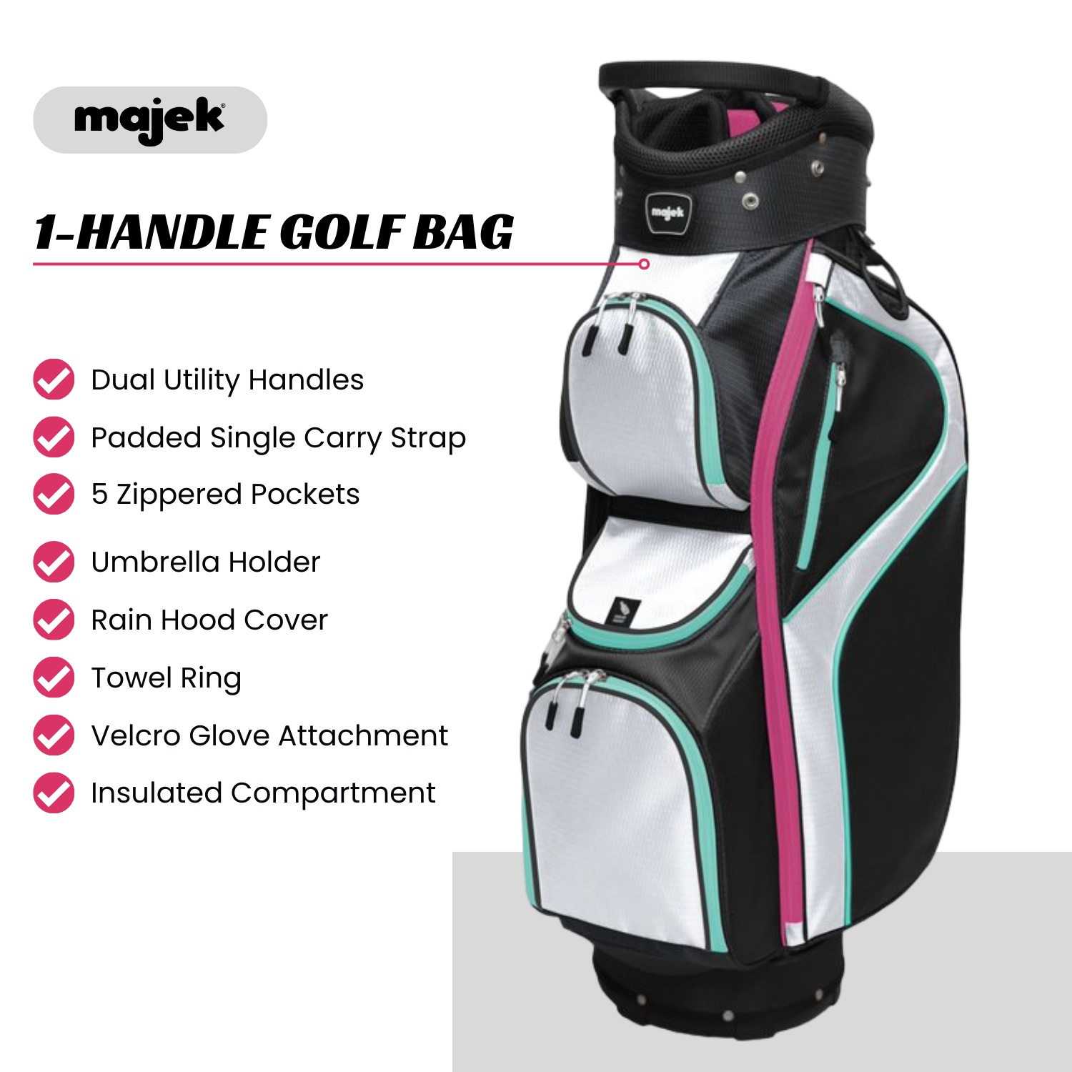 Majek Black White Teal Pink Golf Bag 9 inch 14-Way Friendly Separator Top
