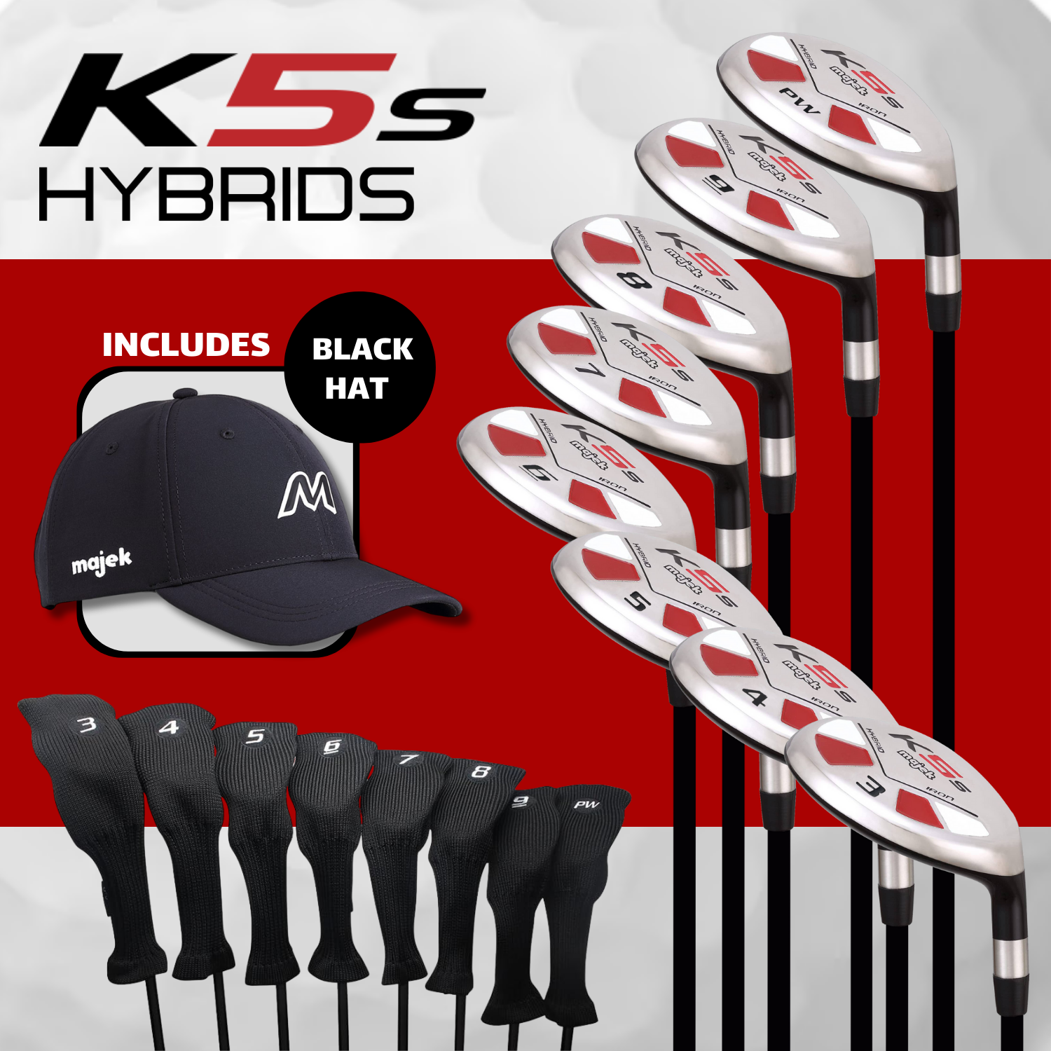 Majek Golf K5 Senior Mens All True Hybrid Clubs Complete Full Hybrid Set Includes #3,4,5,6,7,8,9,PW + Headcover Set &  Majek Golf Hat