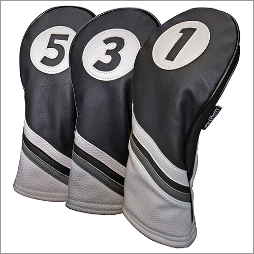 Majek Golf Headcovers Black and White Leather Style Driver Fairway Hybrid Head Covers Fits 460cc Drivers