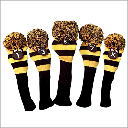 Majek Golf Club Head Covers: Black and Yellow Acrylic Knit Retro Pom Pom