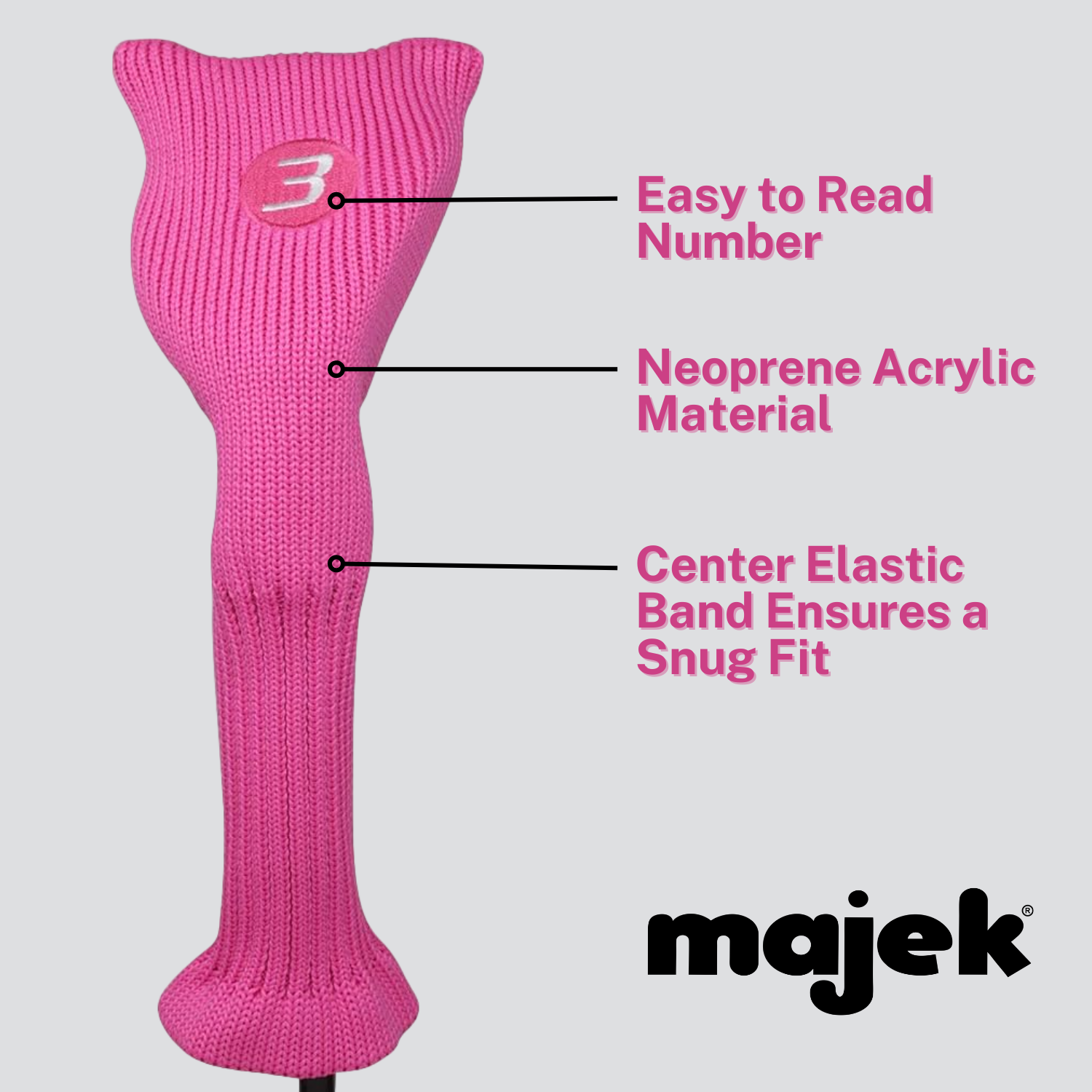 Majek All Hybrid Golf Club Pink Headcover Set 3-SW. Neoprene Acrylic Head Covers