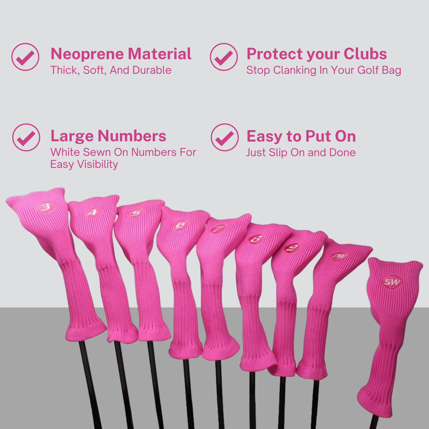 Majek All Hybrid Golf Club Pink Headcover Set 3-SW. Neoprene Acrylic Head Covers