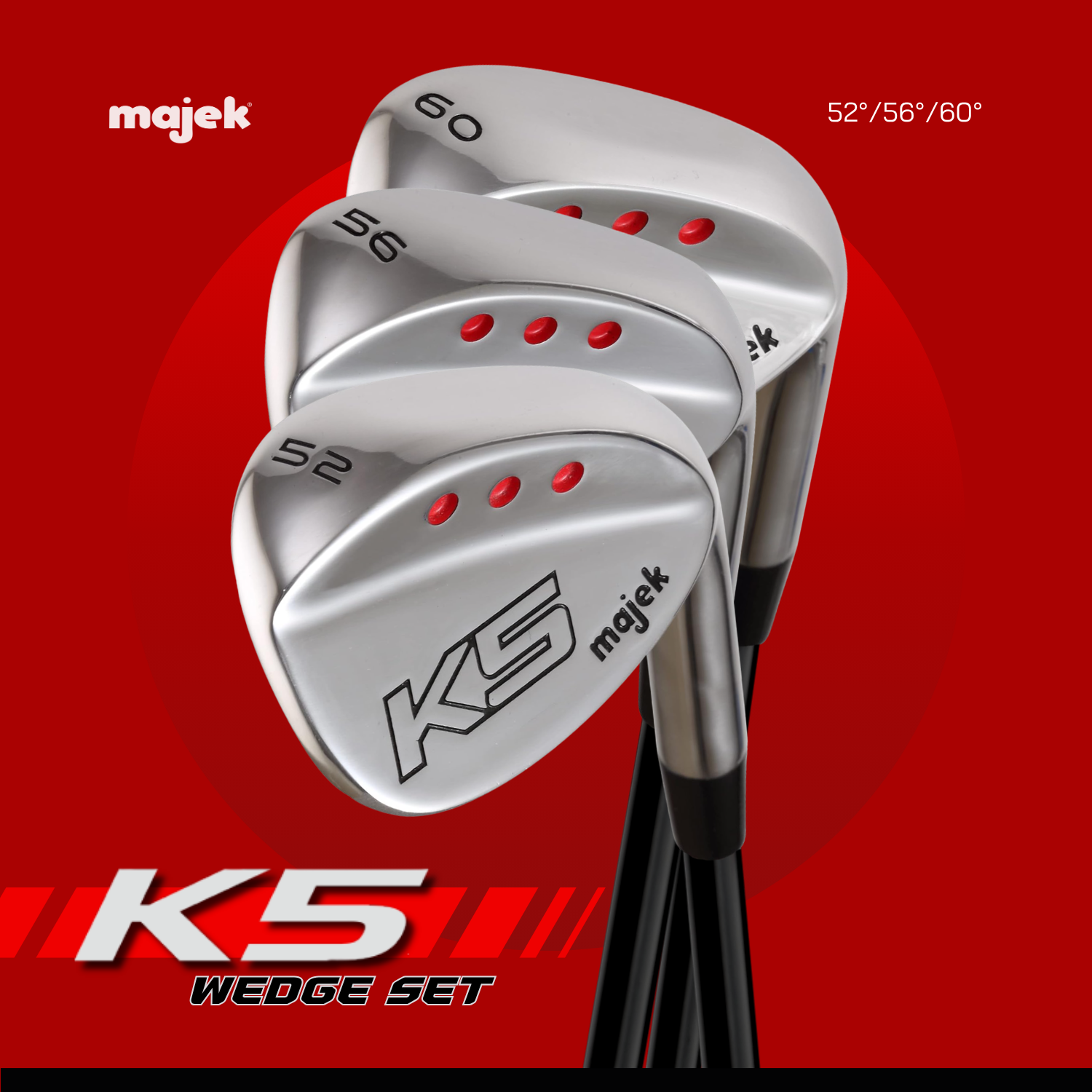 Majek K5 Golf Men's Complete Wedge Set: 52° Gap Wedge (GW), 56° Sand Wedge (SW), 60° Lob Wedge (LW) Right Handed Tall +1 inch Regular Flex Graphite Shaft