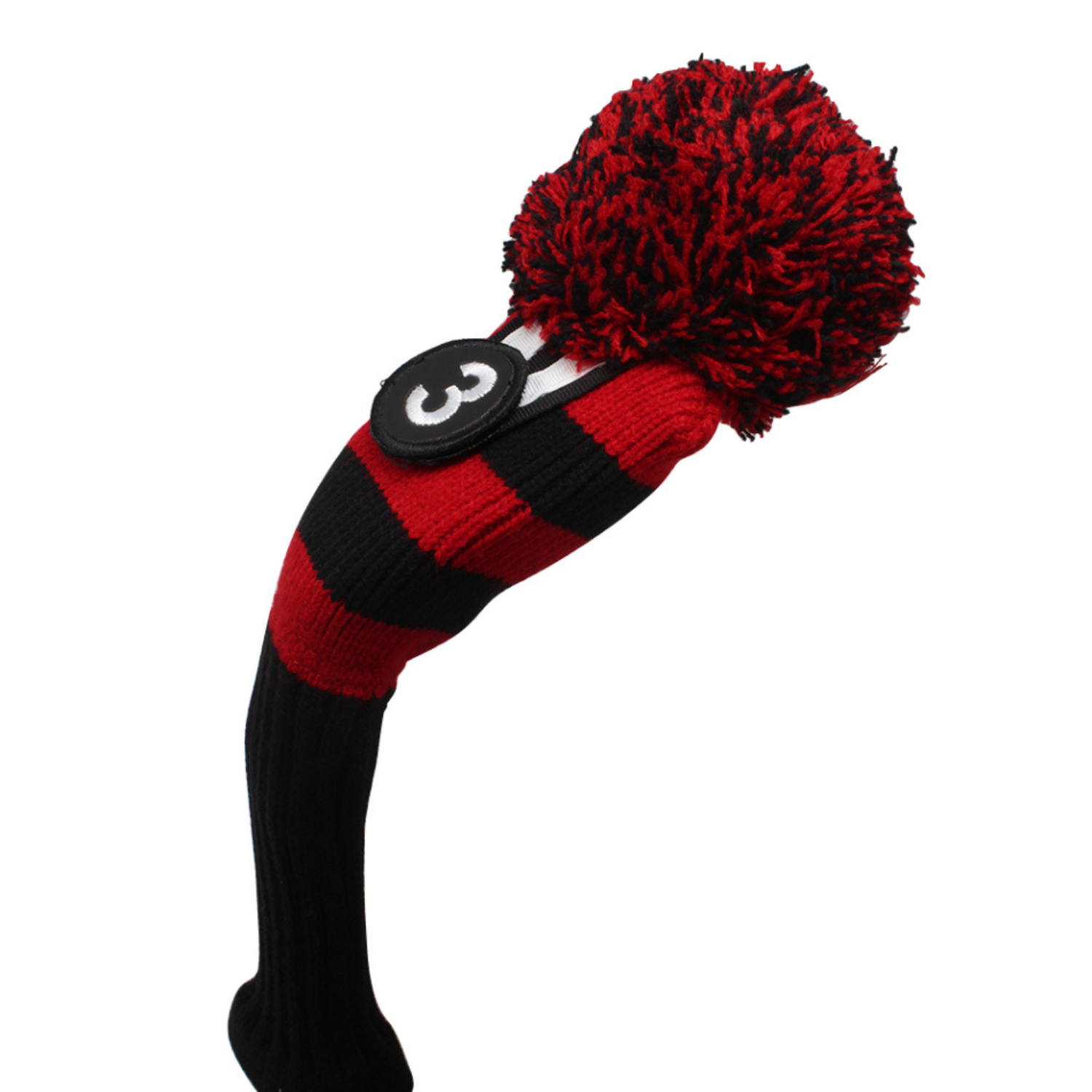 Majek Golf Club Fairway Wood FW Head Covers: Black and Red (Black Neck) Acrylic Knit Retro Pom Pom