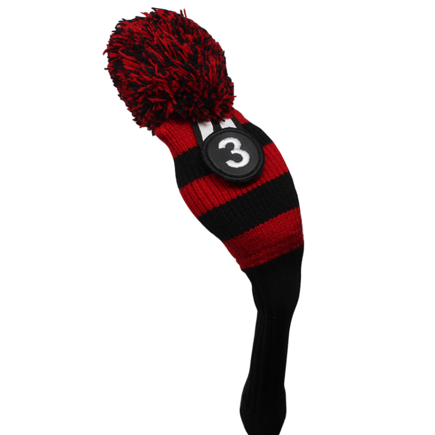 Majek Golf Club Fairway Wood FW Head Covers: Black and Red (Black Neck) Acrylic Knit Retro Pom Pom