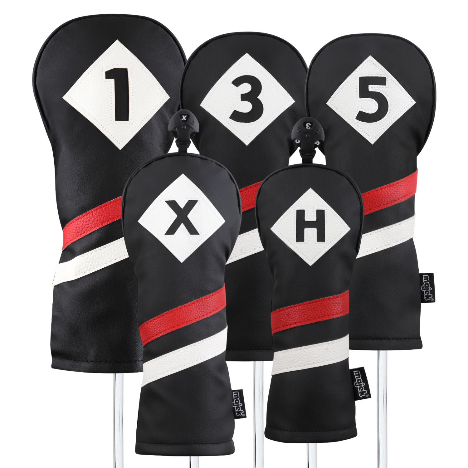 Majek Retro Golf Headcovers Black Red and White Vintage Leather Style 1 3 5 X H Driver Fairway and Hybrid Head Covers Fits 460cc Drivers Classic Look