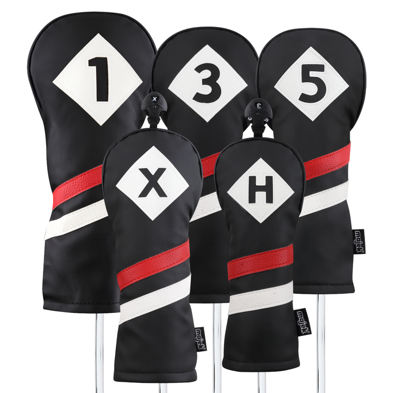 Majek Retro Golf Headcovers Black Red and White Vintage Leather Style 1 3 5 X H Driver Fairway and Hybrid Head Covers Fits 460cc Drivers Classic Look
