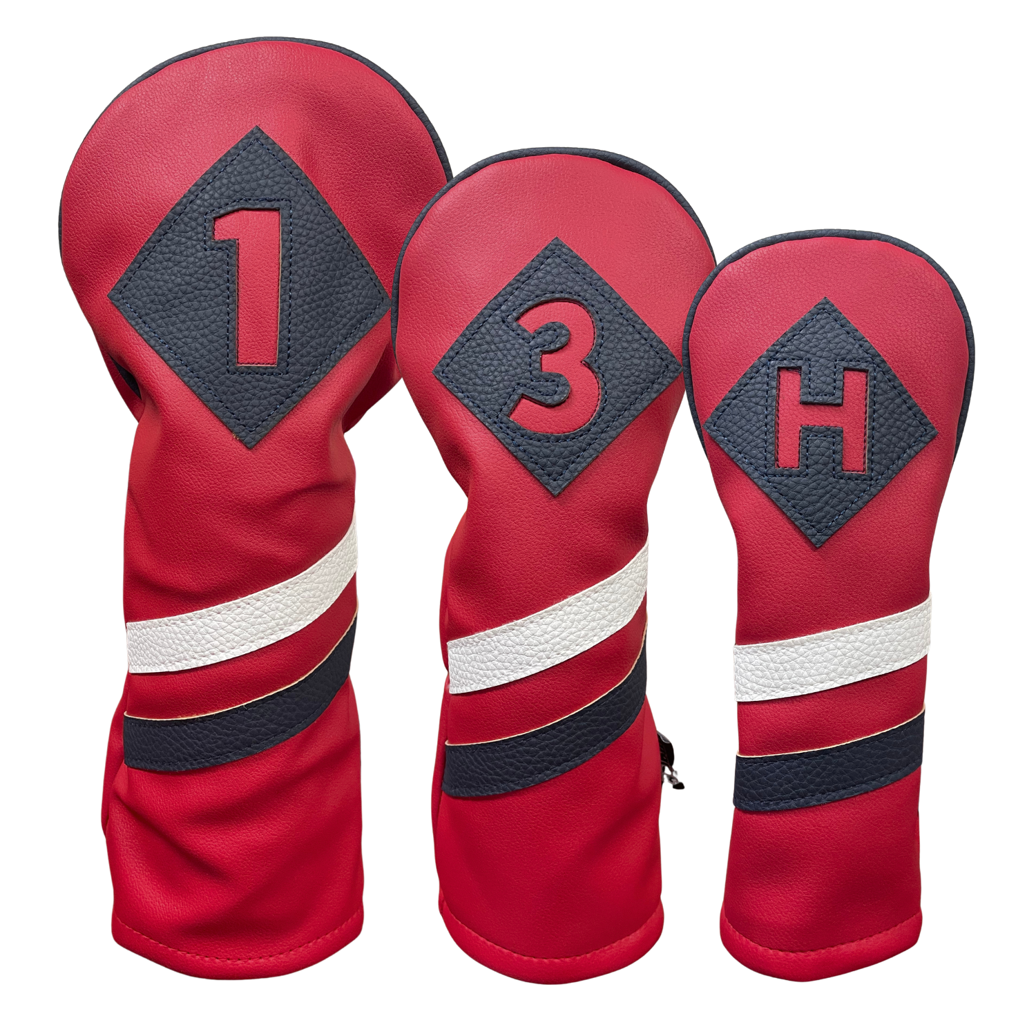 Majek Retro Golf Headcovers Red with White and Blue Stripe Vintage Leather Style 1 3 H Driver Fairway and Hybrid Head Covers Fits 460cc Drivers Classic Look