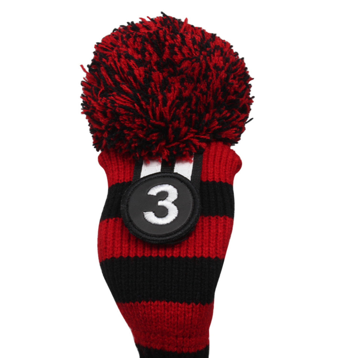 Majek Golf Club Fairway Wood FW Head Covers: Black and Red (Black Neck) Acrylic Knit Retro Pom Pom