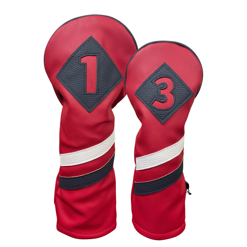 Majek Retro Golf Headcovers Red with White and Blue Stripe Vintage Leather Style 1 3 H Driver Fairway and Hybrid Head Covers Fits 460cc Drivers Classic Look