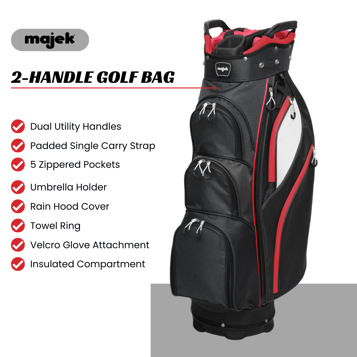 Majek Premium Black Red White Golf Bag 9.5 inch 14-Way Friendly Separator Top with Putter Sleeve