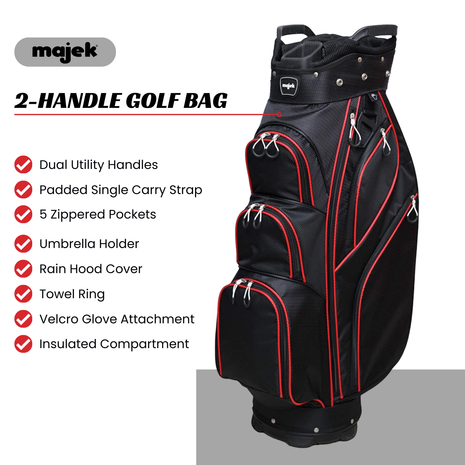Majek Premium Black with Red Trim Golf Bag 9.5 inch 14-Way Friendly Separator Top with Putter Sleeve