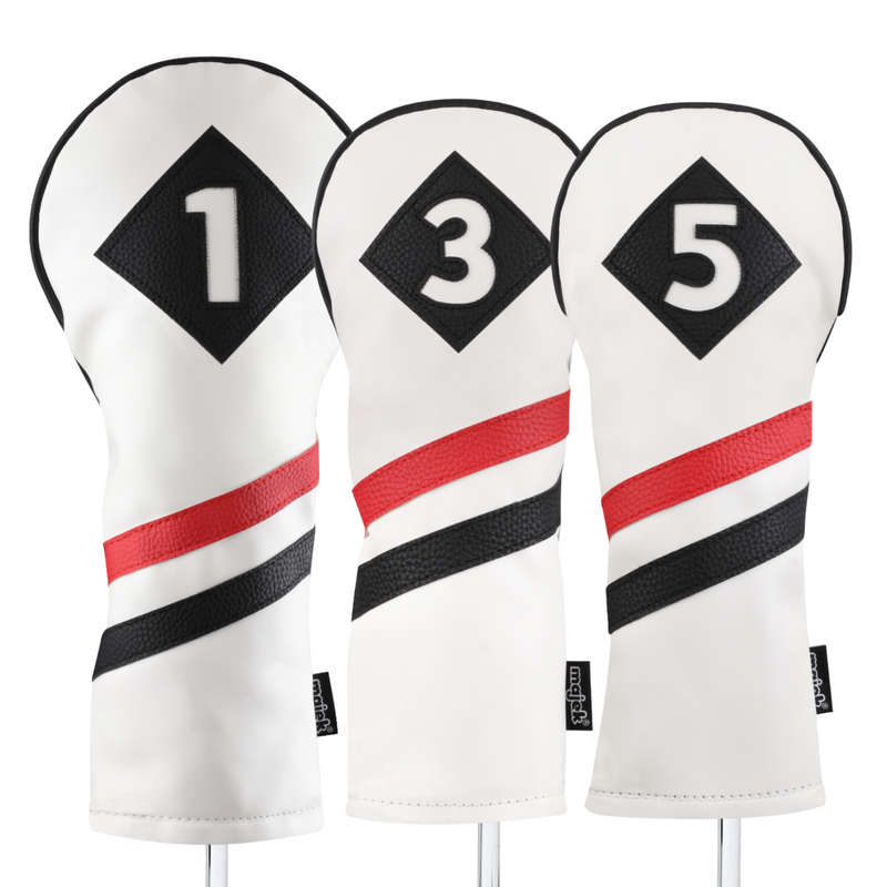 Majek Retro Golf Headcovers White Red and Black Vintage Leather Style 1 3 5 Driver and Fairway Head Covers Fits 460cc Drivers Classic Look