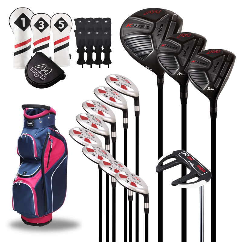 Majek Senior Ladies Golf Package: 10.5 Driver + 3/5 Wood + 3-PW Hybrid Set + P-202 Putter with Headcovers and Pink/ Navy Blue Golf Bag