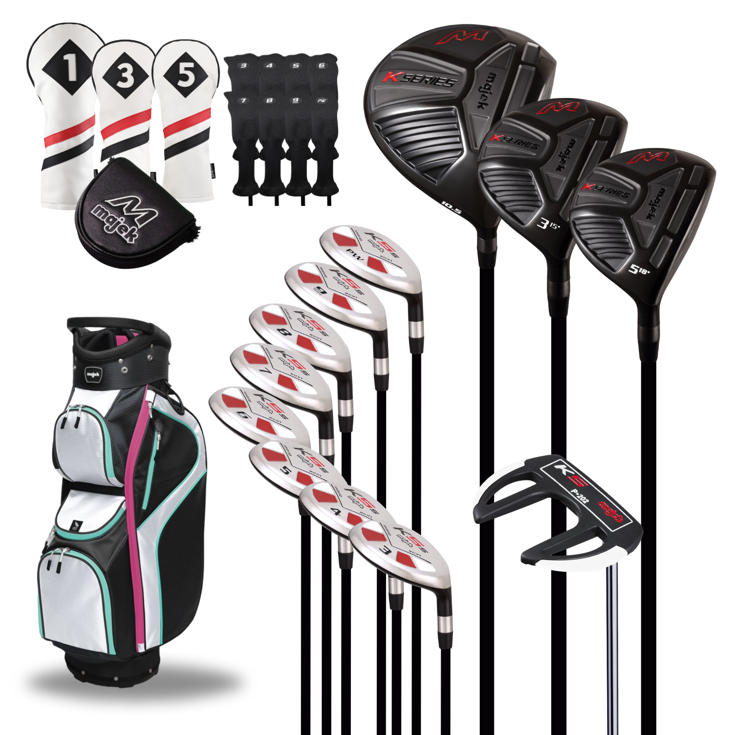 Majek Senior Ladies Golf Package: 10.5 Driver + 3/5 Wood + 3-PW Hybrid Set + P-202 Putter with Headcovers and White/Teal/Pink Golf Bag