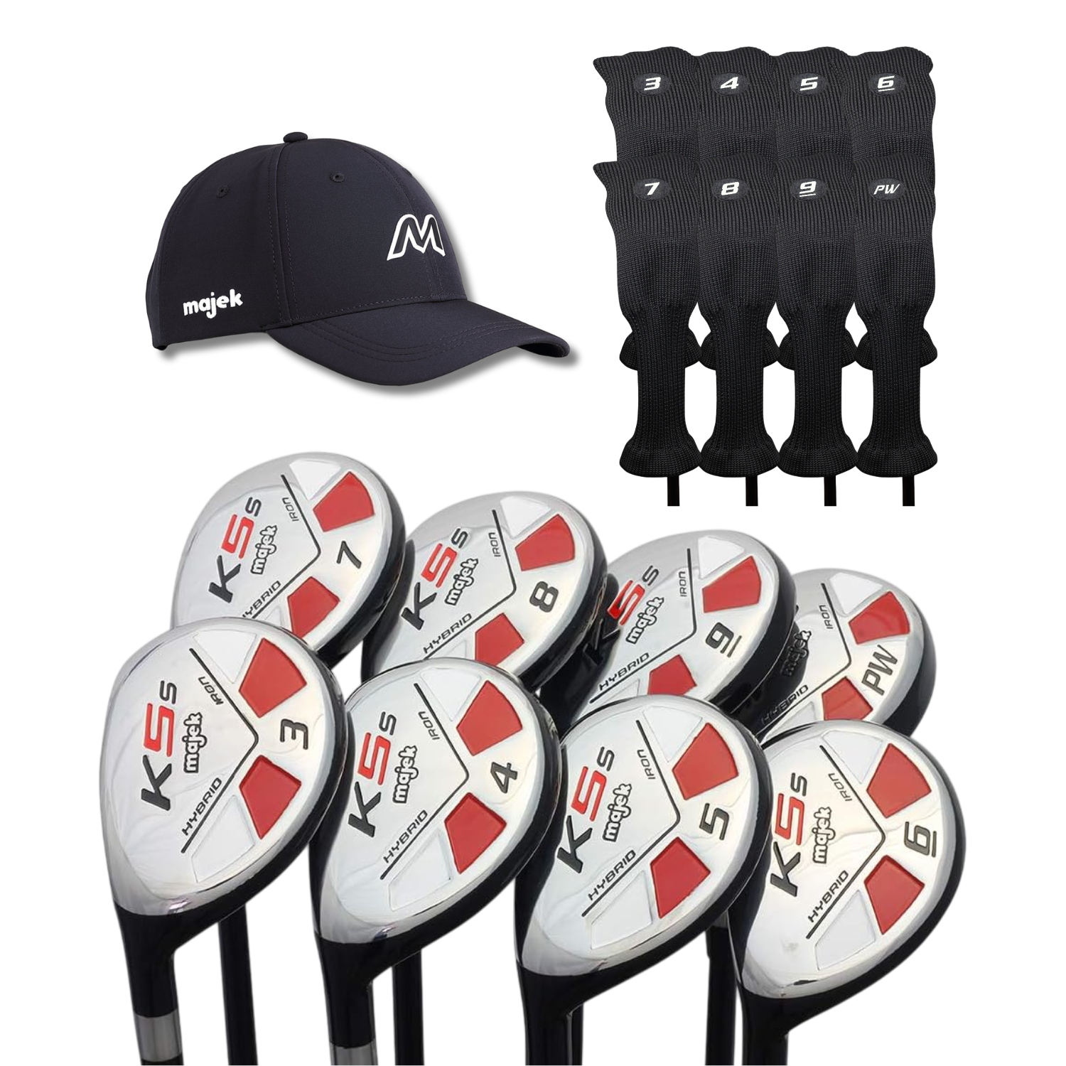 Left Handed Majek Golf K5 Mens Regular All True Hybrid Clubs Complete Full Hybrid Set Includes #3,4,5,6,7,8,9,PW + Headcover Set & Majek Golf Hat