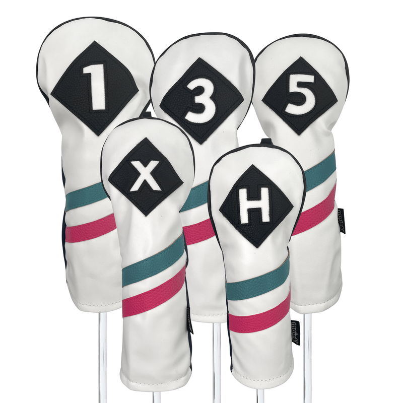 Majek Golf Vintage Headcovers White Seafoam Teal Pink Stripe Premium Retro Leather Style 1 3 5 X H Driver Fairway Hybrid Head Covers Fits 460cc Drivers & Modern Metal Woods