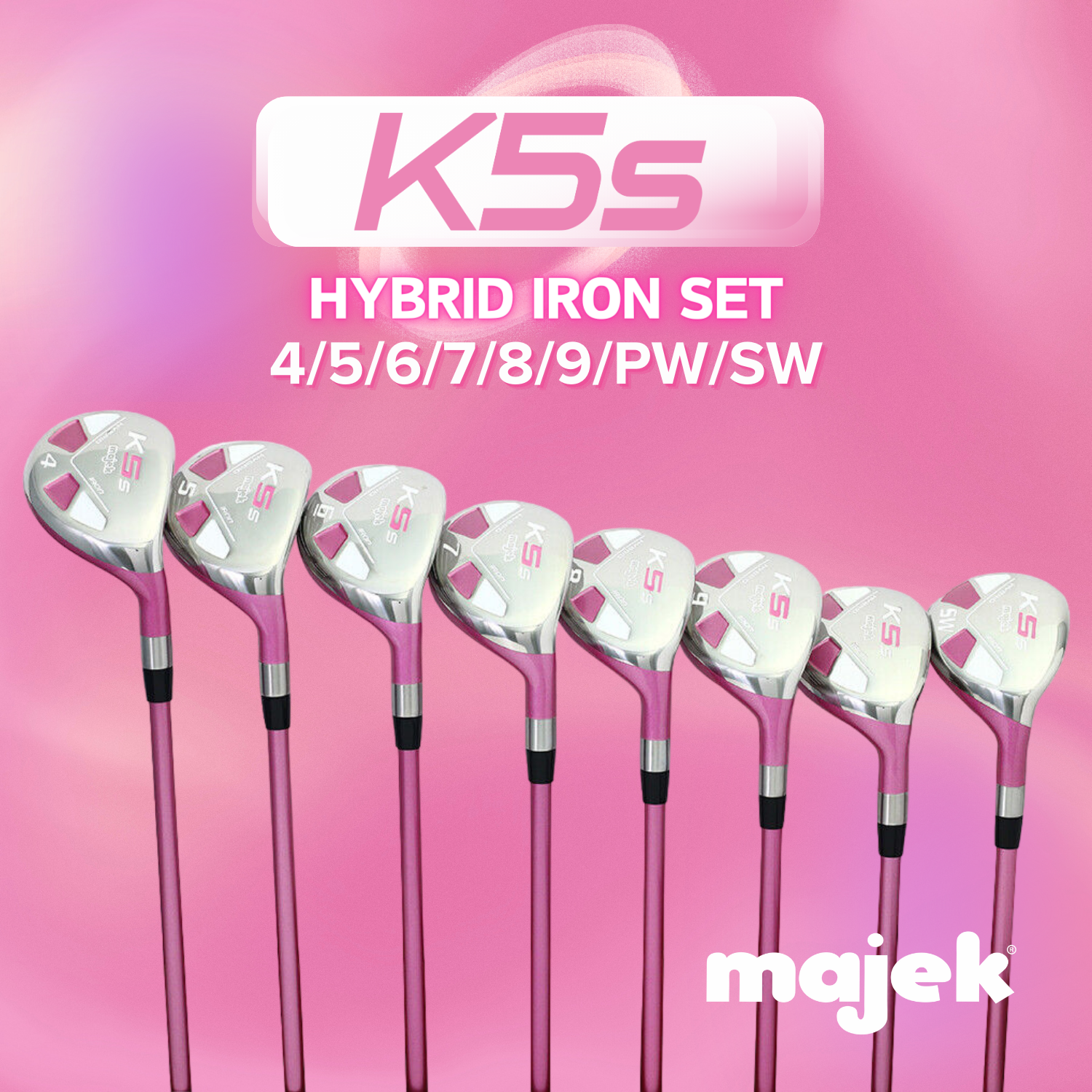 Majek K5s Pink Ladies Golf Hybrids Irons Set Womens All True Hybrid Ultra Light Weight Forgiving Includes 4-SW