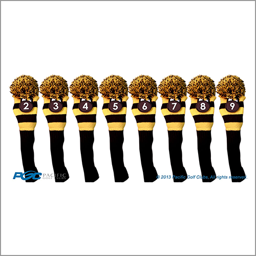 Majek Golf Club Head Covers: Black and Yellow Acrylic Knit Retro Pom Pom