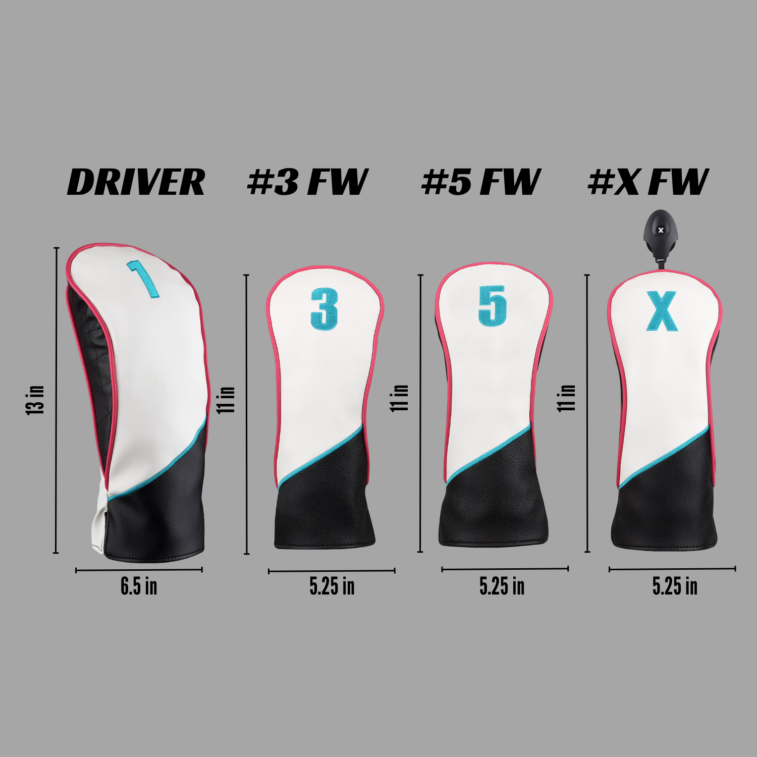 Majek Golf Clubs Premium Protective Pink Teal White and Black Head Covers