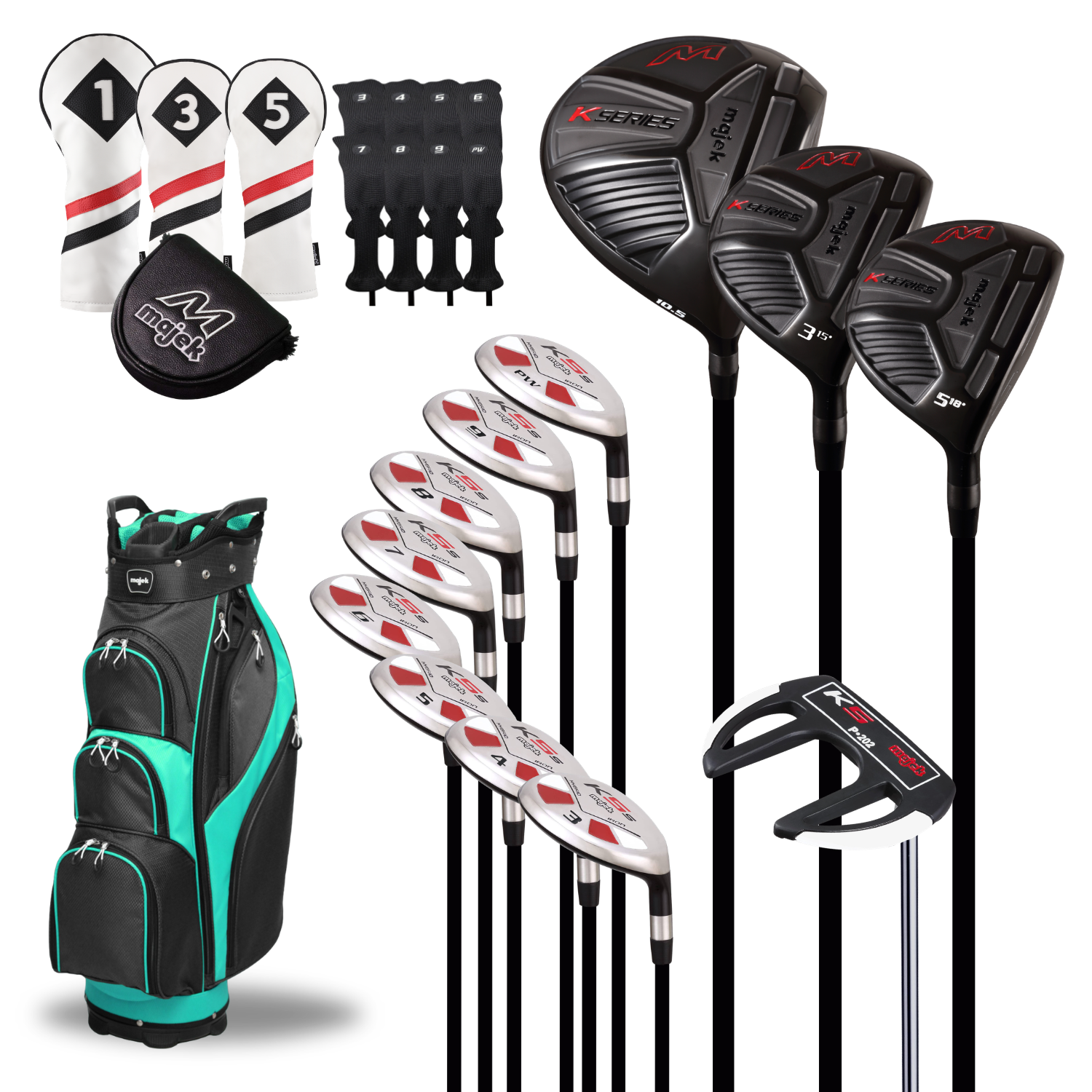 Majek Senior Men's Golf Package: 10.5 Driver + 3/5 Wood + 3-PW Hybrid Set + P-202 Putter with Headcovers and Black Teal Golf Bag