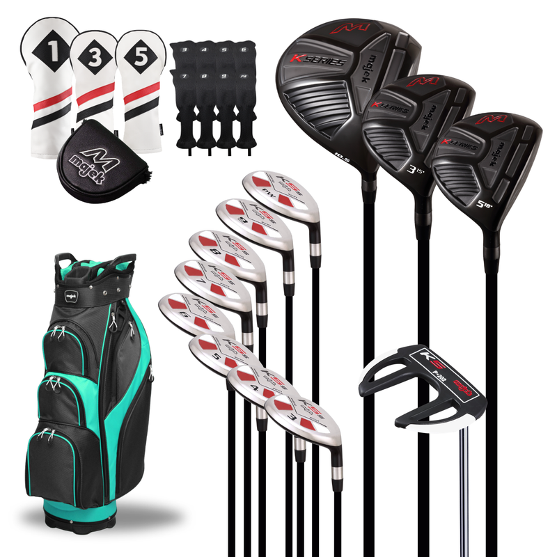 Majek Senior Men's Golf Package: 10.5 Driver + 3/5 Wood + 3-PW Hybrid Set + P-202 Putter with Headcovers and Black Teal Golf Bag