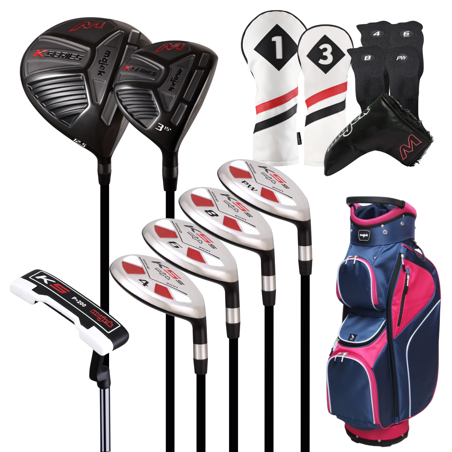 Majek Senior Lady Golf Package: 12.5 Driver + 3 Wood + 4,6,8,PW Hybrid Set + P-200 Blade Putter with Headcovers and Golf Bag