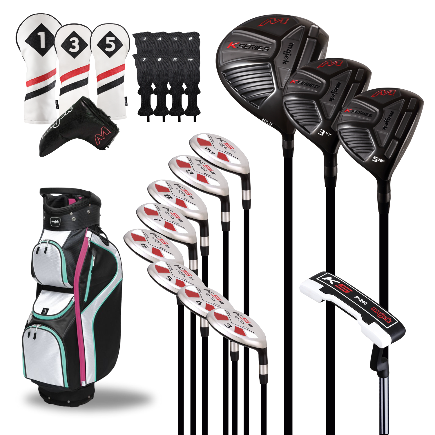 Majek Senior Ladies Golf Package: 12.5 Driver + 3/5 Wood + 3-PW Hybrid Set + P-200 Blade Putter with Headcovers and White/Teal/Pink Golf Bag