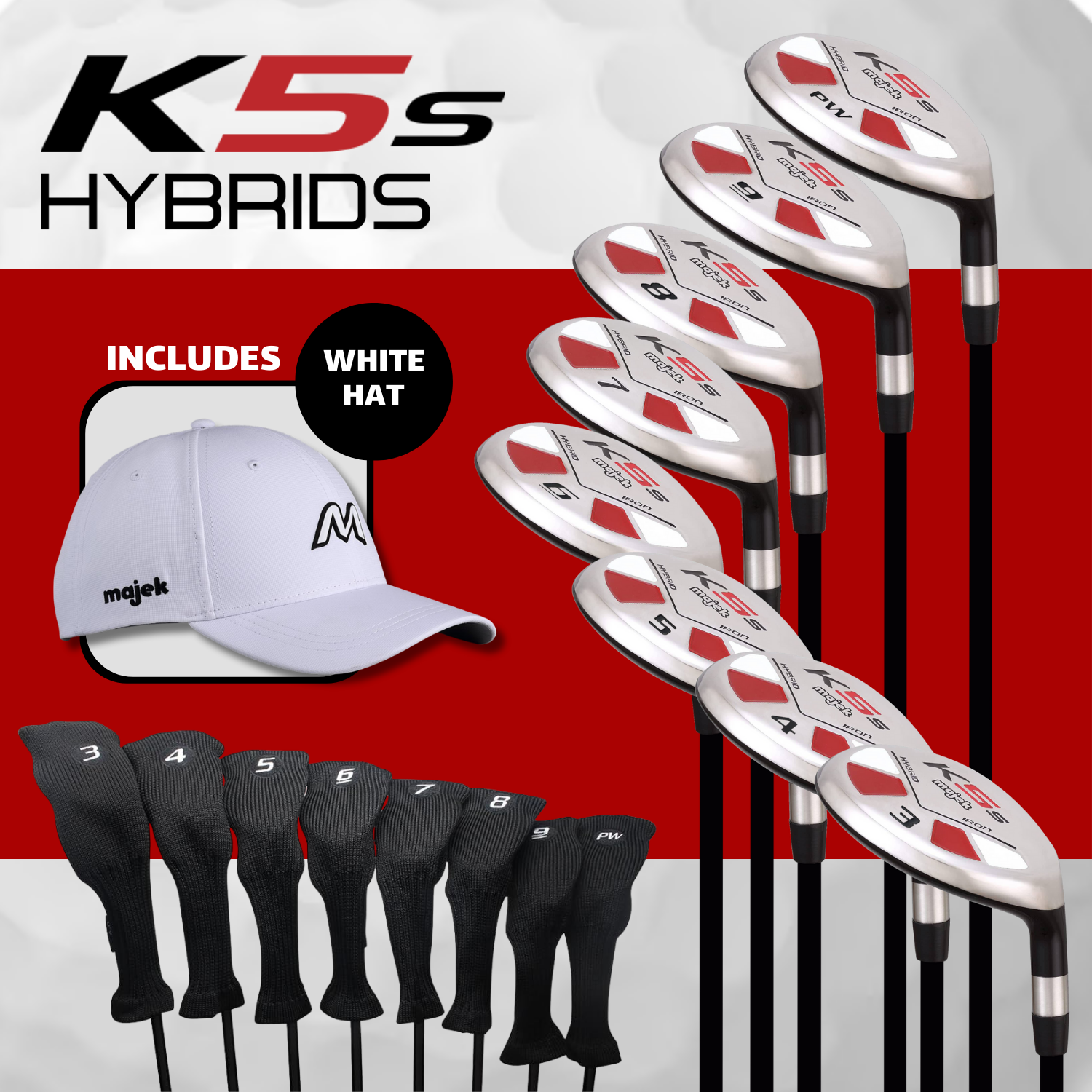 Majek Golf K5 Senior Lady All True Hybrid Clubs Complete Full Hybrid Set Includes #3,4,5,6,7,8,9,PW + Headcover Set & Majek Golf Hat