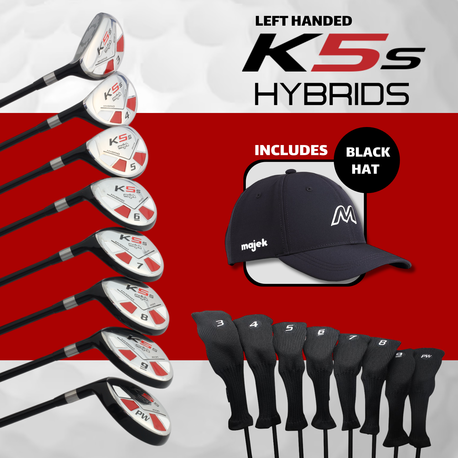 Left Handed Majek Golf K5 Mens Regular All True Hybrid Clubs Complete Full Hybrid Set Includes #3,4,5,6,7,8,9,PW + Headcover Set & Majek Golf Hat
