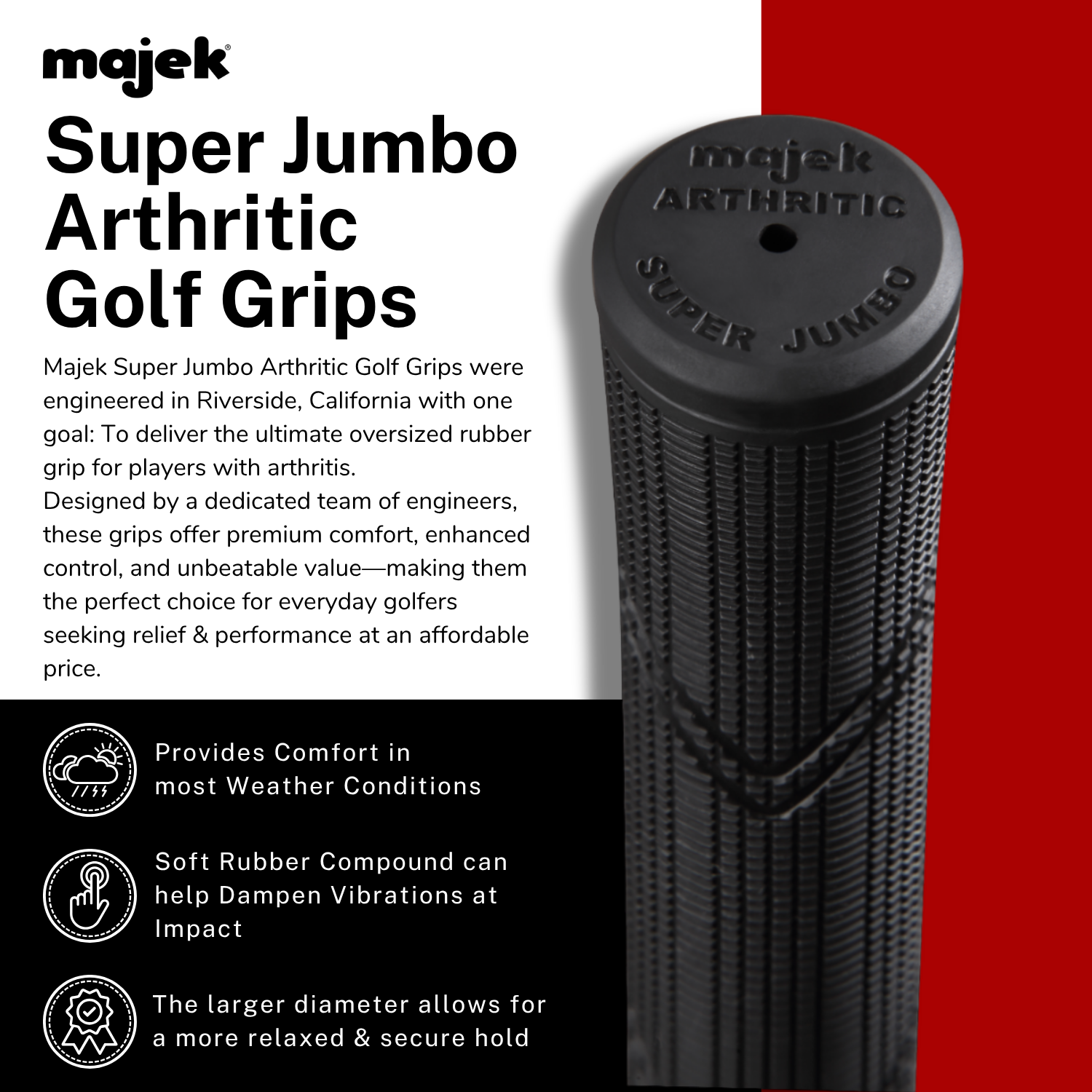 Majek Golf Club Grips Super Jumbo Arthritic Extra Large Tour 360 Degree Black - NO LOGO - Round .600 Extra Large XL XXL Great for Senior Golfers with Big Hands - Premium Rubber Golf Grips - 13 Pack High Traction Arthritic Grips