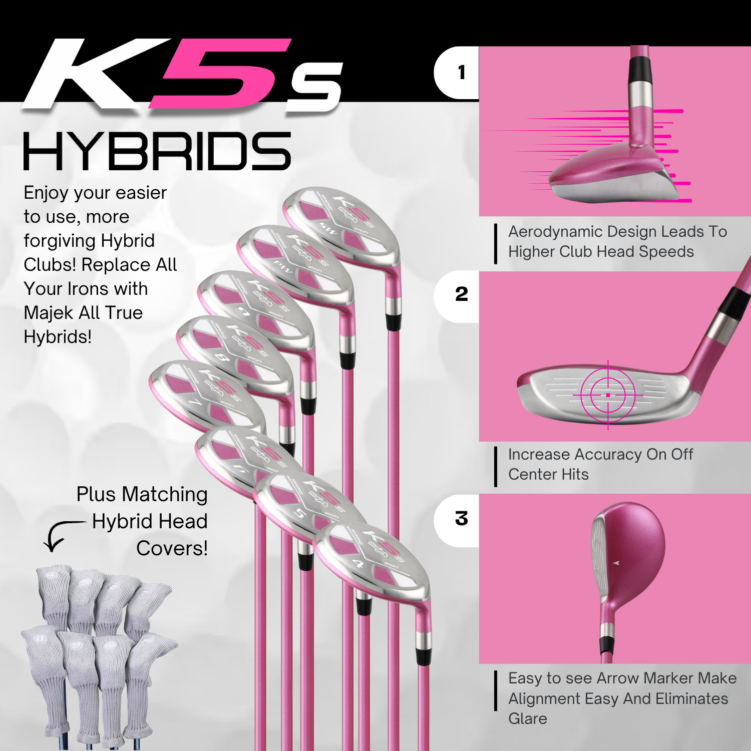 Majek K5s Pink Ladies Golf Hybrids Irons Set Womens All True Hybrid Ultra Light Weight Forgiving Includes 4-SW