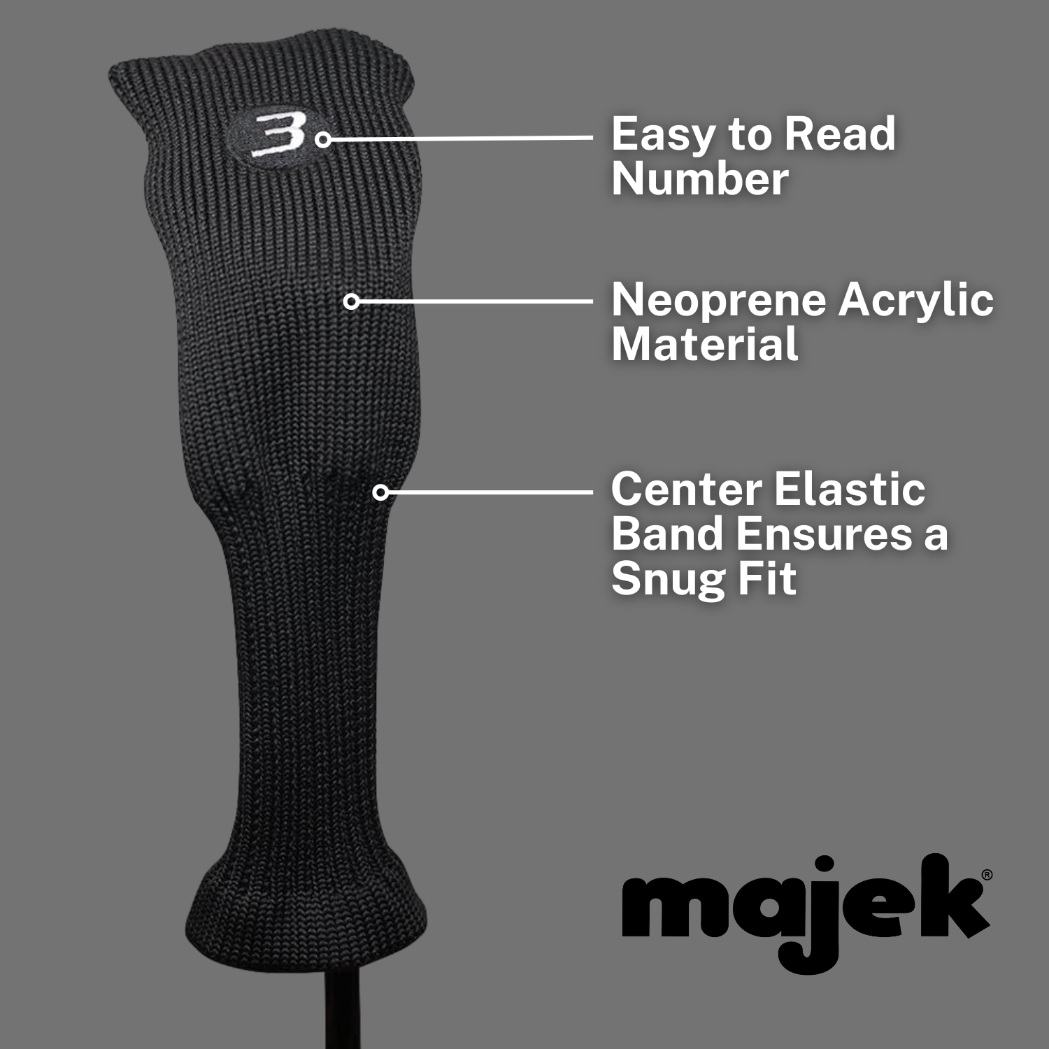 Majek All Hybrid Golf Club Black Sleek Tight Fit Headcover Set and Individual #3-SW Acrylic Head Covers