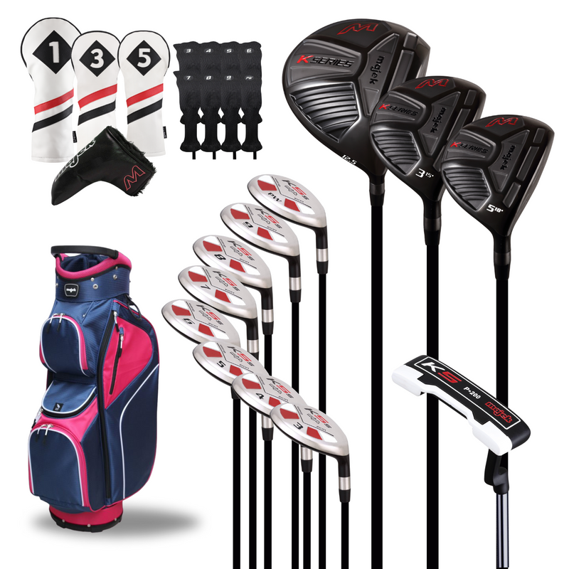 Majek Senior Ladies Golf Package: 12.5 Driver + 3/5 Wood + 3-PW Hybrid Set + P-200 Blade Putter with Headcovers and Pink/ Navy Blue Golf Bag