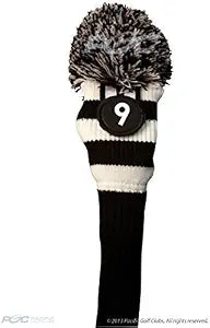 Majek Golf Club Fairway Wood Head Covers: Black & White Acrylic Knit Vintage Stripe Pom Pom