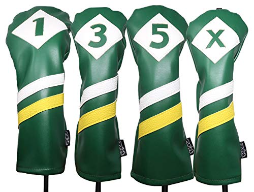 Majek Retro Golf Headcovers Green White and Yellow Vintage Leather Style 1 3 5 X Driver Fairway Head Covers Fits 460cc Drivers Classic Look