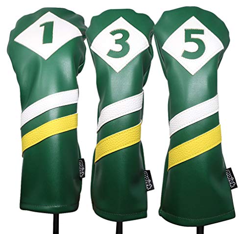Majek Retro Golf Headcovers Green White and Yellow Vintage Leather Style 1 3 5 X Driver Fairway Head Covers Fits 460cc Drivers Classic Look