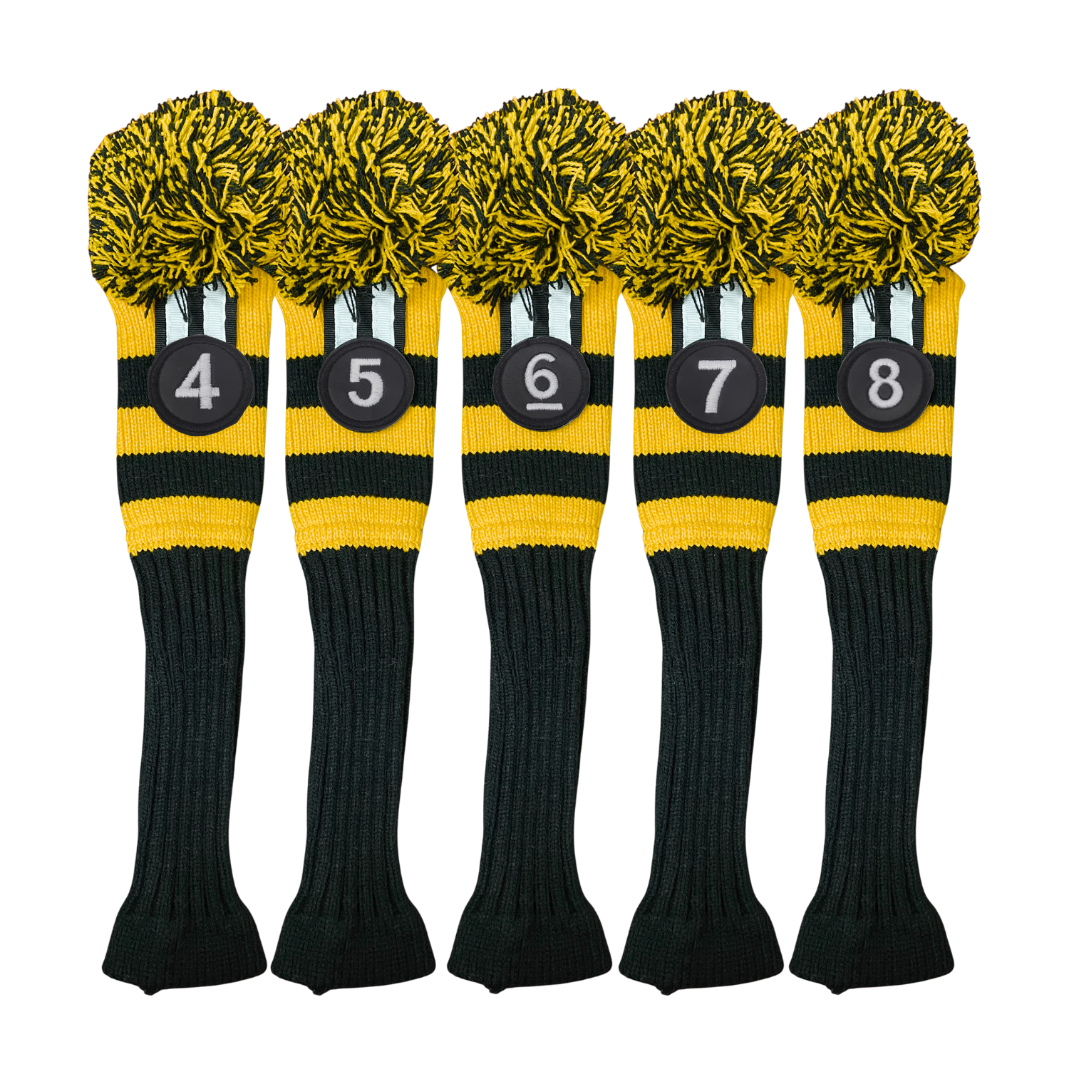 Majek #4,5,6,7,8 Hybrid Combo Pack Rescue Utility Black & Yellow Golf Headcover Knit Pom Pom