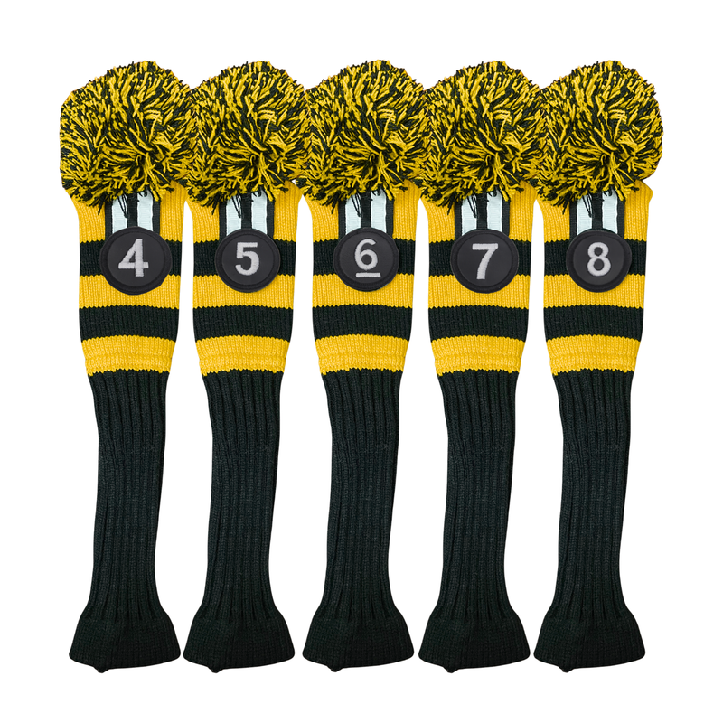 Majek #4,5,6,7,8 Hybrid Combo Pack Rescue Utility Black & Yellow Golf Headcover Knit Pom Pom