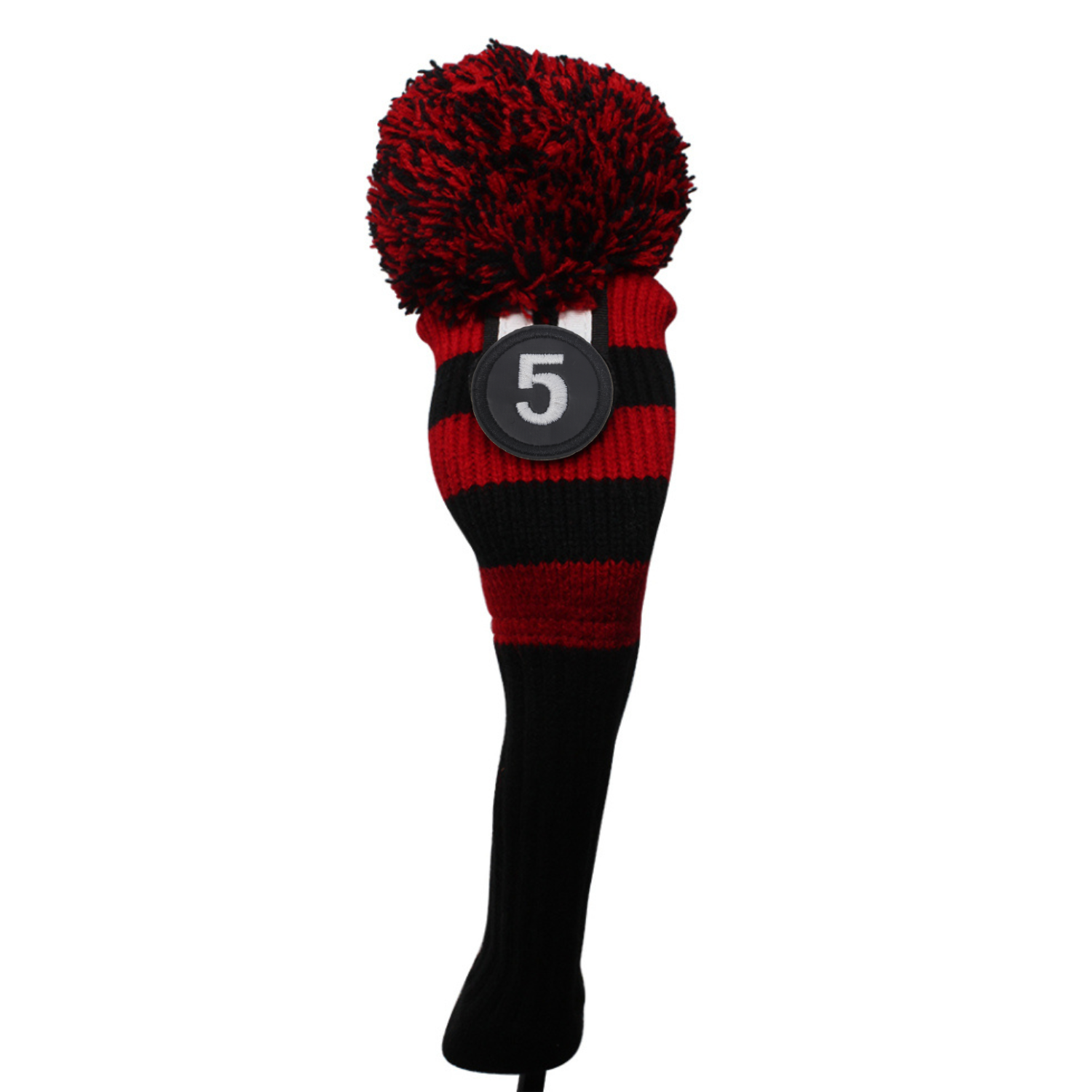 Majek Golf Club Fairway Wood FW Head Covers: Black and Red (Black Neck) Acrylic Knit Retro Pom Pom