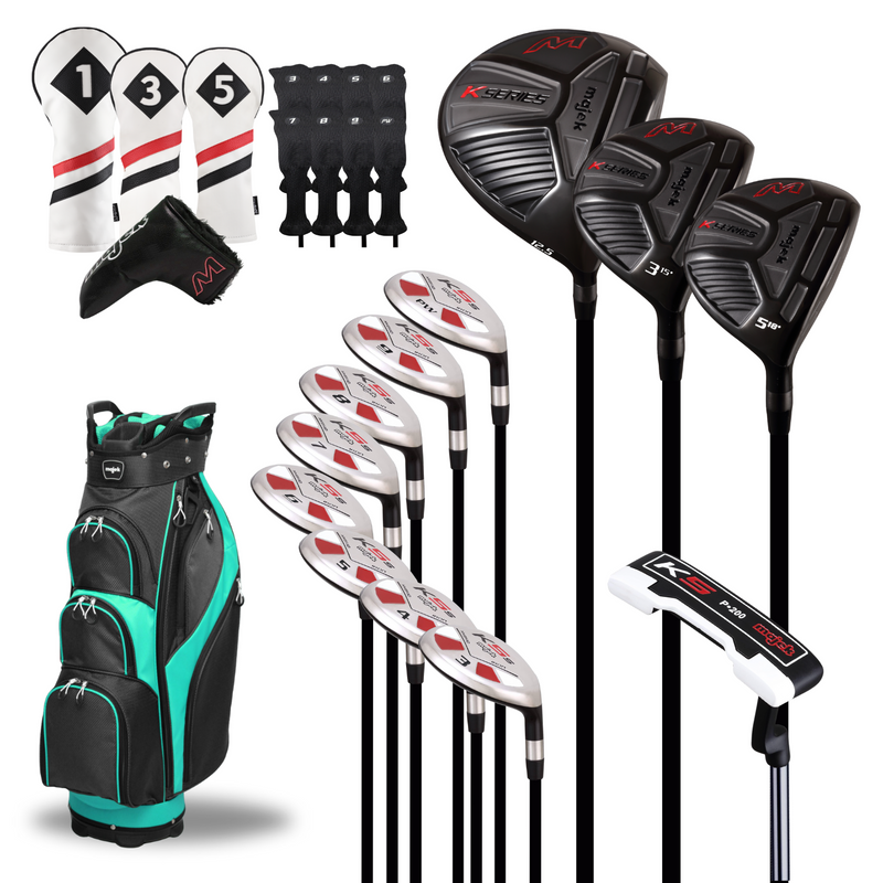 Majek Senior Men's Golf Package: 12.5 Driver + 3/5 Wood + 3-PW Hybrid Set + P-200 Blade Putter with Headcovers and Black Teal Golf Bag