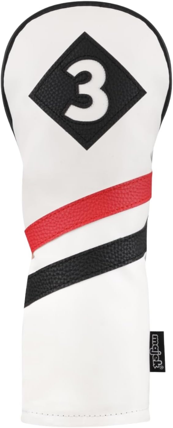 Majek Retro Golf Headcovers White Red and Black Vintage Leather Style 1 3 5 X H Driver Fairway and Hybrid Head Covers Fits 460cc Drivers Classic Look