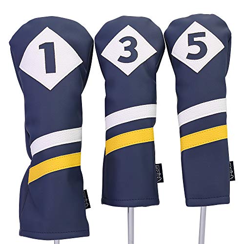 Majek Retro Golf Headcovers Blue White and Yellow Vintage Leather Style 1 3 5 Driver Fairway and Hybrid Head Covers Fits 460cc Drivers Classic Look