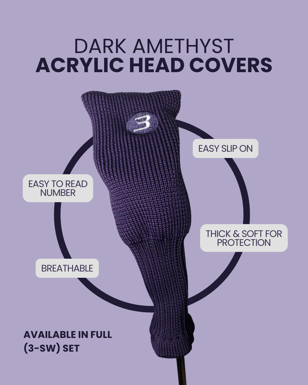 Majek Hybrid Golf Club Dark Amethyst Purple Neoprene Acrylic Headcover Set #3-SW