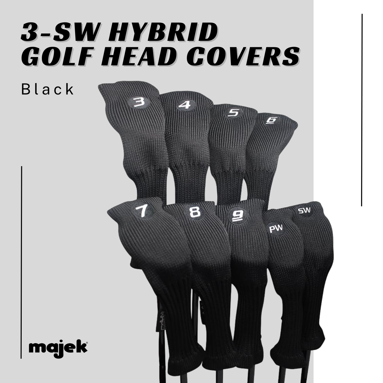 Majek All Hybrid Golf Club Black Sleek Tight Fit Headcover Set and Individual #3-SW Acrylic Head Covers