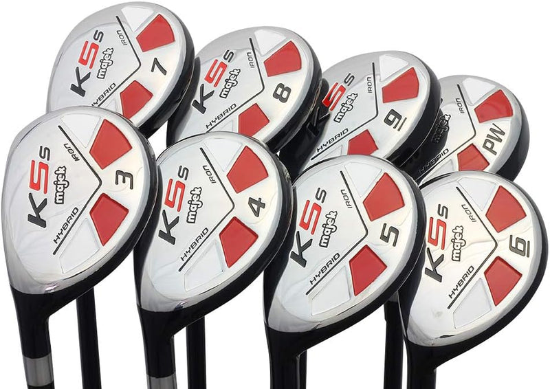 Senior Single Length - One Length Men's Majek Golf All Hybrid Complete Full Set, which Includes: #3 4 5 6 7 8 9 PW Senior Flex Total of 8 Left Handed New Utility “A” Flex Clubs