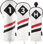 Majek Retro Golf Headcovers White Red and Black Vintage Leather Style 1 3 5 X H Driver Fairway and Hybrid Head Covers Fits 460cc Drivers Classic Look