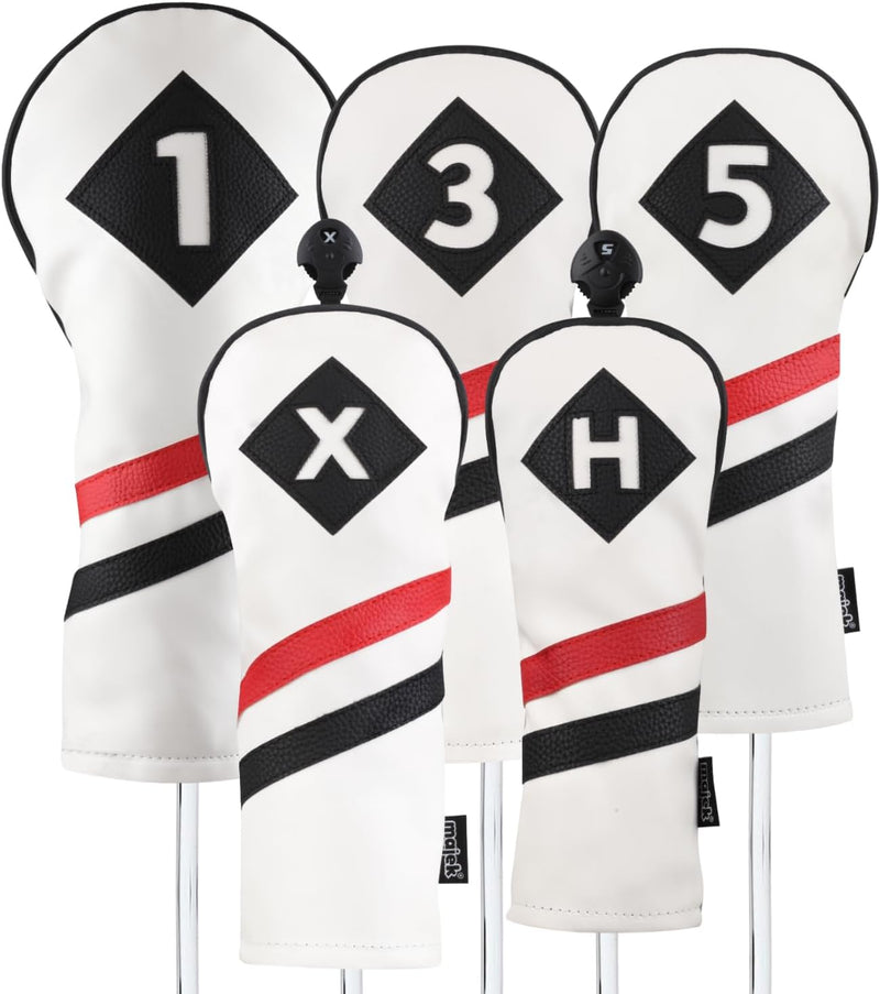 Majek Retro Golf Headcovers White Red and Black Vintage Leather Style 1 3 5 X H Driver Fairway and Hybrid Head Covers Fits 460cc Drivers Classic Look